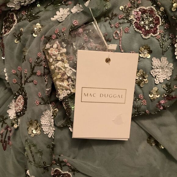 MAC DUGGAL 5716 Green Sequined Floral Long Sleeve High Neck Midi Dress - Picture 15 of 15